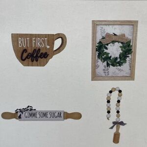 Tiered tray rolling pin mini wreath wooden beads coffee mug sign plaque 4 pc